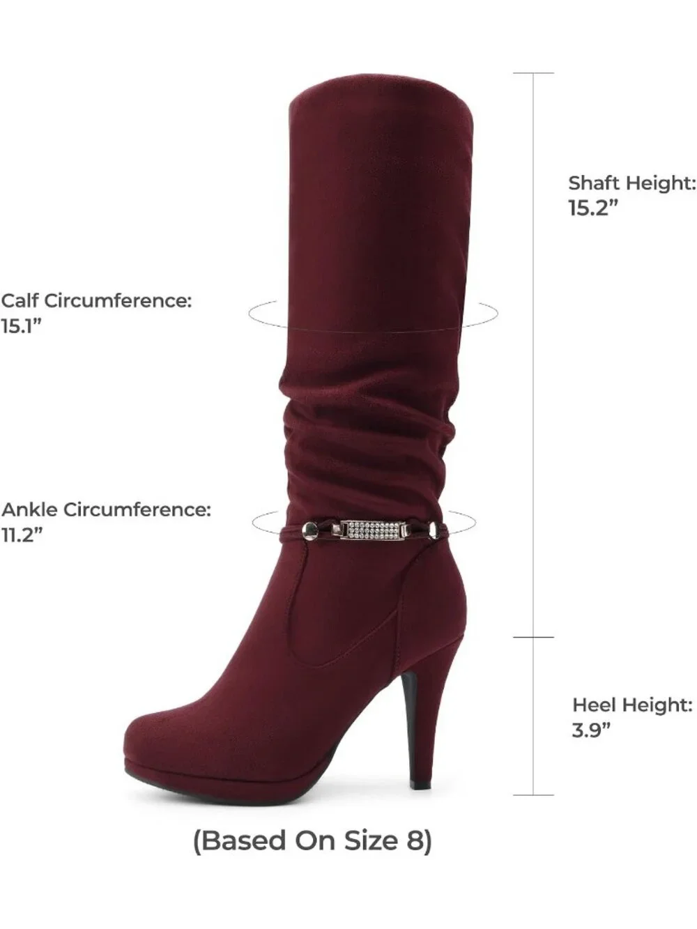 Women's Burgundy Stiletto Heel Rhinestone Chain Side Zipper Knee High Boots